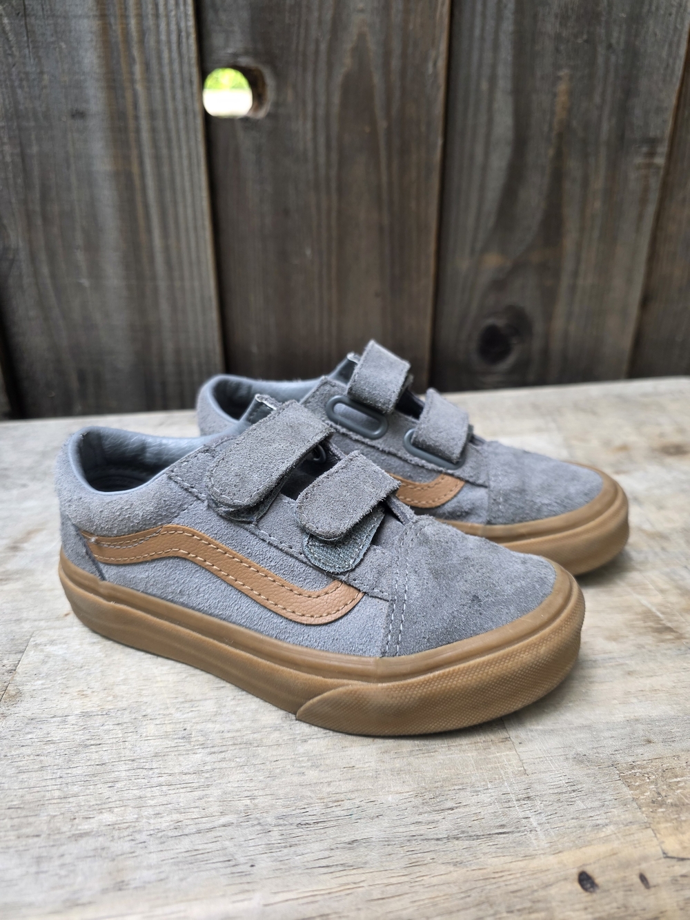 Vans Unisex Gray Suede Sneakers with Tan Stripe - Hook&Loop Closure